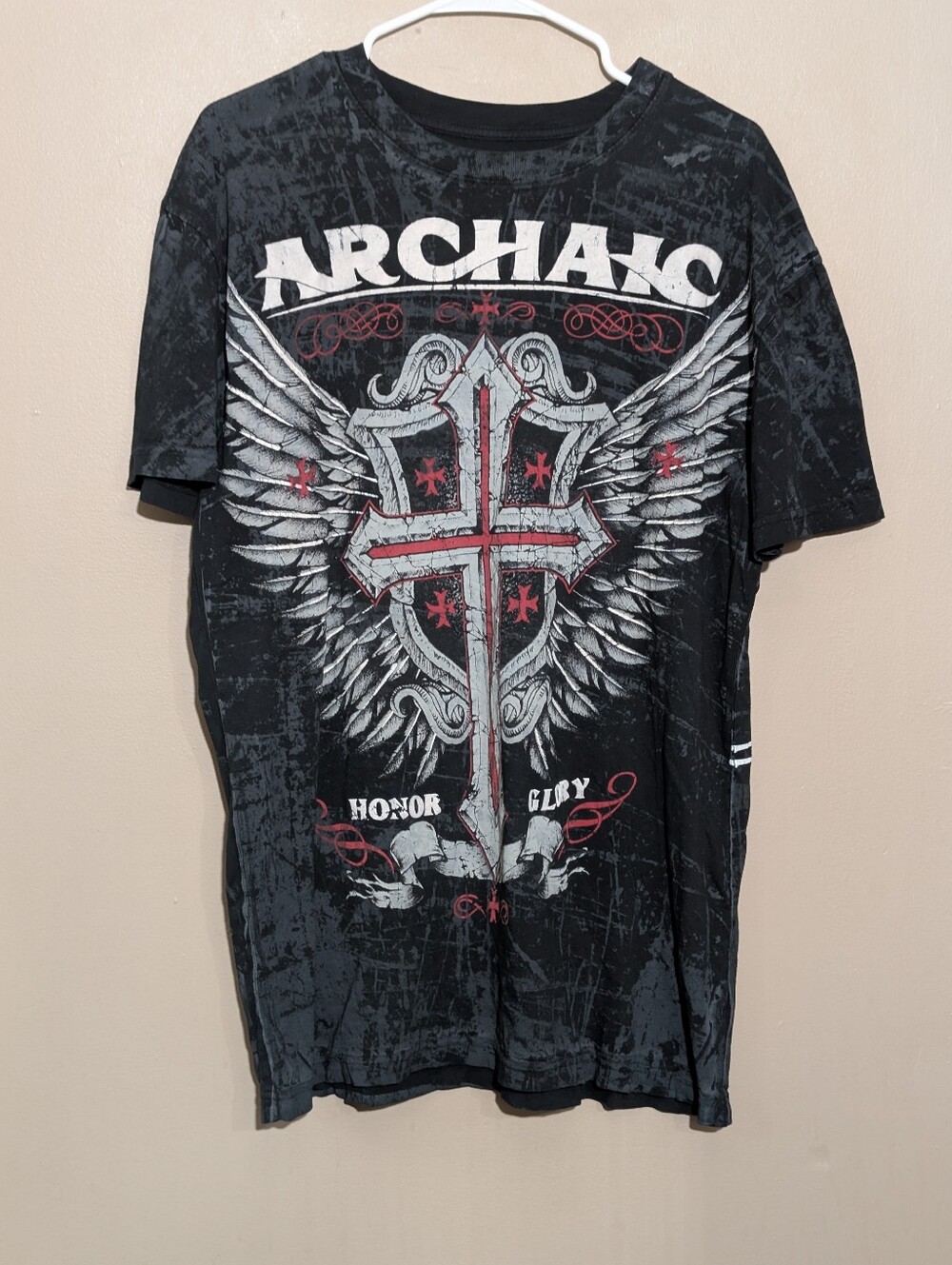 Y2K Grunge Archaic by Affliction Mens Large Black Graphic T-Shirt Cross Wings